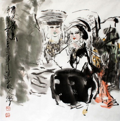 名家王志華四尺斗方寫(xiě)意人物畫(huà)《雨打芭蕉》