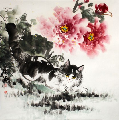 顏涵精品四尺斗方貓趣圖