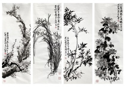 李明成三尺梅蘭竹菊四條屏（已裱軸）