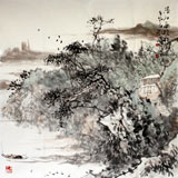 劉海軍四尺斗方山水《清江一曲抱村流》