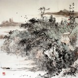劉海軍四尺斗方山水《清江一曲抱村流》