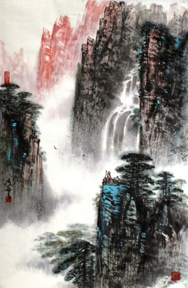 王凌云四尺三開山水畫《觀瀑圖》