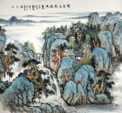 名家鄭慶年八尺斗方聚寶盆山水《寶宅水閣連空翠》