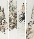 中美協(xié)龐銀時寫意人物畫四條屏《春來遍是桃花水》