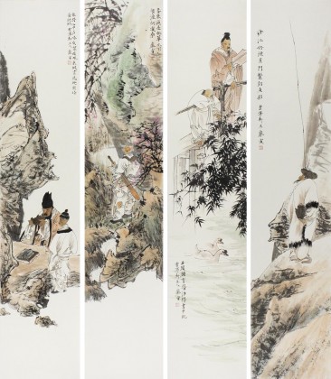 中美協(xié)龐銀時寫意人物畫四條屏《春來遍是桃花水》