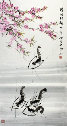 安徽美協(xié)何華賢三尺桃花墨蝦圖《清池蝦趣》