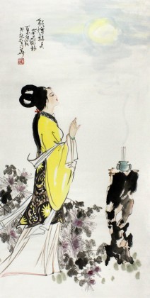河南美協(xié)董書林三尺仕女國畫《貂蟬拜月》
