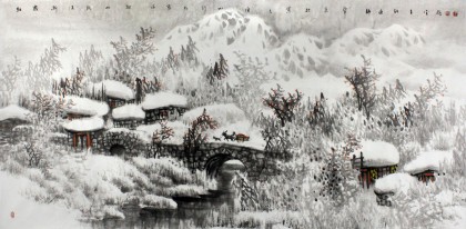 名家趙金鸰太行雪村系列之四尺《朝霧漸消現(xiàn)山村》(詢價)