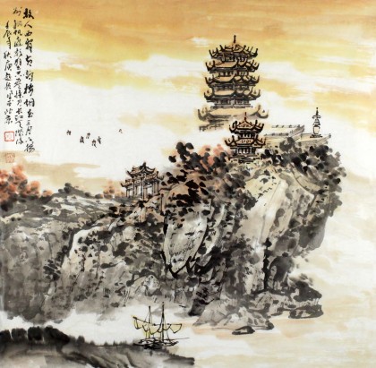 名家庾超然四尺斗方送友人山水《故人西辭黃鶴樓》