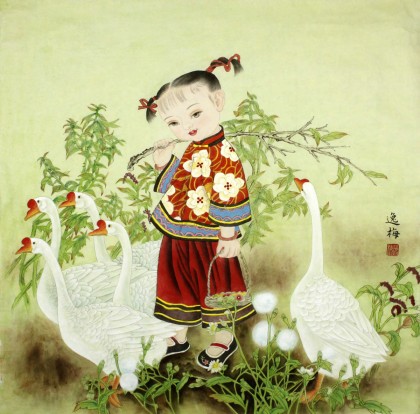 著名工筆畫家趙逸梅四尺斗方《鵝趣圖》