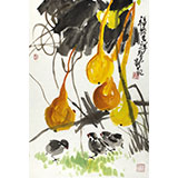 【已售】劉紀(jì)四尺三開葫蘆大雞圖《福祿吉祥》