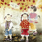 著名工筆畫家趙逸梅四尺斗方趣味圖《采果圖》