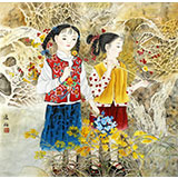 著名工筆畫家趙逸梅四尺斗方《姊妹圖》