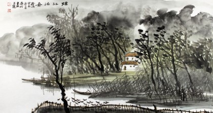 黃奇松三尺精品山水《煙江泊舟》