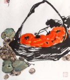 【已售】劉紀四尺三開《七月核桃八月梨九月柿子來趕集》