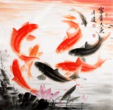 【已售定制詢價(jià)】中國(guó)畫(huà)院周升達(dá)四尺斗方九魚(yú)圖《富貴久魚(yú)》