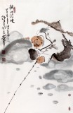 【已售】河北美協(xié)郭廷四尺三開垂釣圖《秋江釣晚》（詢價(jià)）