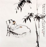 QA陳漫之四尺斗方墨竹國(guó)畫(huà)讀書(shū)圖《竹影茶香好讀書(shū)》（詢(xún)價(jià)）