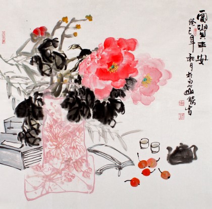 李勝春四尺斗方牡丹國(guó)畫(huà)《富貴平安》