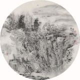 當(dāng)代水墨漫畫名家 強(qiáng)春云扇畫 《鳥鳴山更幽》