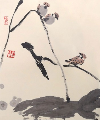 名家王永剛小尺寸手指畫《荷趣圖》（詢價）