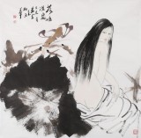 李立辰四尺斗方《荷塘深處》河北著名仕女畫家（詢價）