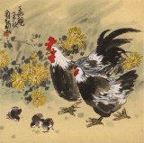 【已售】劉紀四尺斗方花鳥畫《一家親》