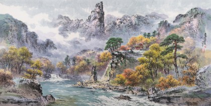 朝鮮畫家金善國 四尺《妙香山的溪谷》