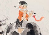 當(dāng)代鄉(xiāng)土童趣繪畫名家尹和平 四尺《牧笛聲》