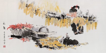 當代鄉(xiāng)土童趣繪畫名家尹和平 四尺《秋趣》