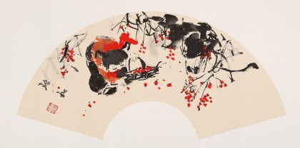 當(dāng)代鄉(xiāng)土童趣繪畫名家尹和平 扇面《拾秋》