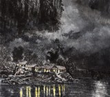 申凌翔 四尺三開《夜?jié)O圖》 廣西山水畫名家