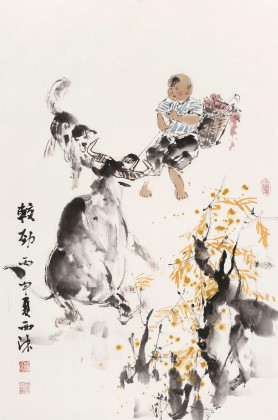 楊西沐 四尺三開《較勁》 中國美術(shù)家協(xié)會會員（詢價）