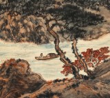 何實 四尺三開《放舟秋色兩岸紅》 吉林著名山水畫家