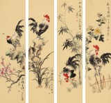 皇甫小喜 四條屏《雄雞大吉》 河南著名花鳥(niǎo)畫家