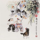 尹和平 四尺斗方《戲鵝圖》 當代鄉(xiāng)土童趣繪畫名家