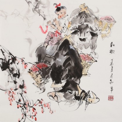 尹和平 四尺斗方《秋歌》 當(dāng)代鄉(xiāng)土童趣繪畫名家