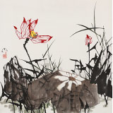 【已售】苗雨 四尺斗方《映日荷花別樣紅》 遼寧工美教授 師從吳冠中