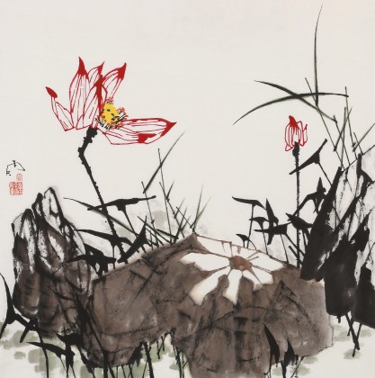 【已售】苗雨 四尺斗方《映日荷花別樣紅》 遼寧工美教授 師從吳冠中