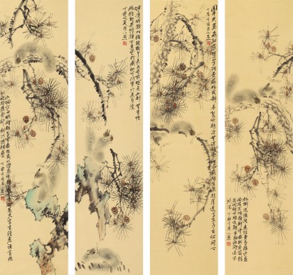 皇甫小喜 四條屏《松蔭野趣》 河南著名花鳥畫家