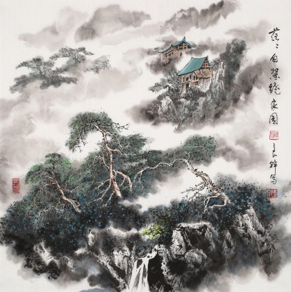 【已售】譚良干 四尺斗方《茫茫白絮繞家園》 貴州山水畫名家