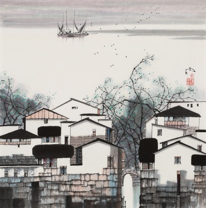 【已售】苗雨 四尺斗方《水鄉(xiāng)清韻》 遼寧工美教授 師從吳冠中