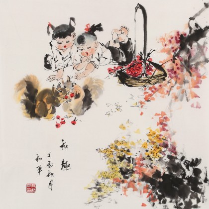 【已售】尹和平 四尺斗方《秋趣》 當代鄉(xiāng)土童趣繪畫名家