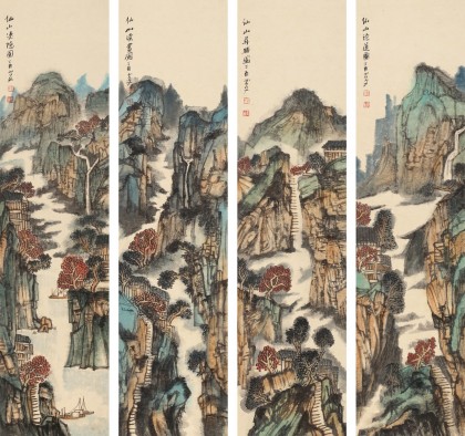 胡書文 四條屏《仙山漁隱圖》中國書畫院創(chuàng)作院副院長（詢價(jià)）
