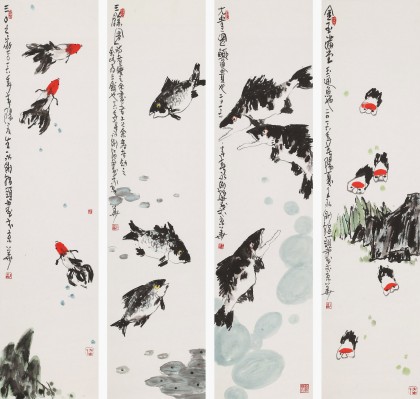 王永剛 四條屏手指畫《金玉滿堂》 國家一級(jí)美術(shù)師（詢價(jià)）