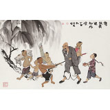 【已售】韓恩勝 四尺三開(kāi)《攜杖來(lái)追柳外涼》中美協(xié)會(huì)員 水墨漫畫(huà)名家