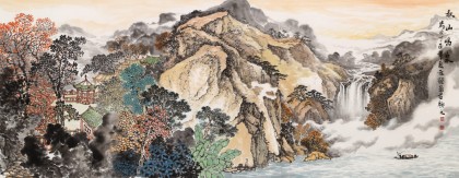 【已售】蔣元發(fā) 小六尺《秋山鳴泉》 廣西著名山水畫家