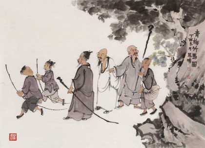 韓恩勝 四尺三開《青梅竹馬圖》中美協(xié)會員 水墨漫畫名家