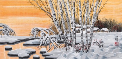 何一鳴 四尺三開《霞光映雪》 冰雪畫派畫家 師從于志學(xué)