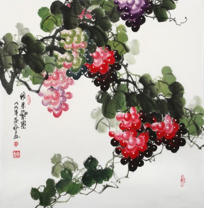 【已售】黃藝四尺斗方葡萄畫《碩果累累》